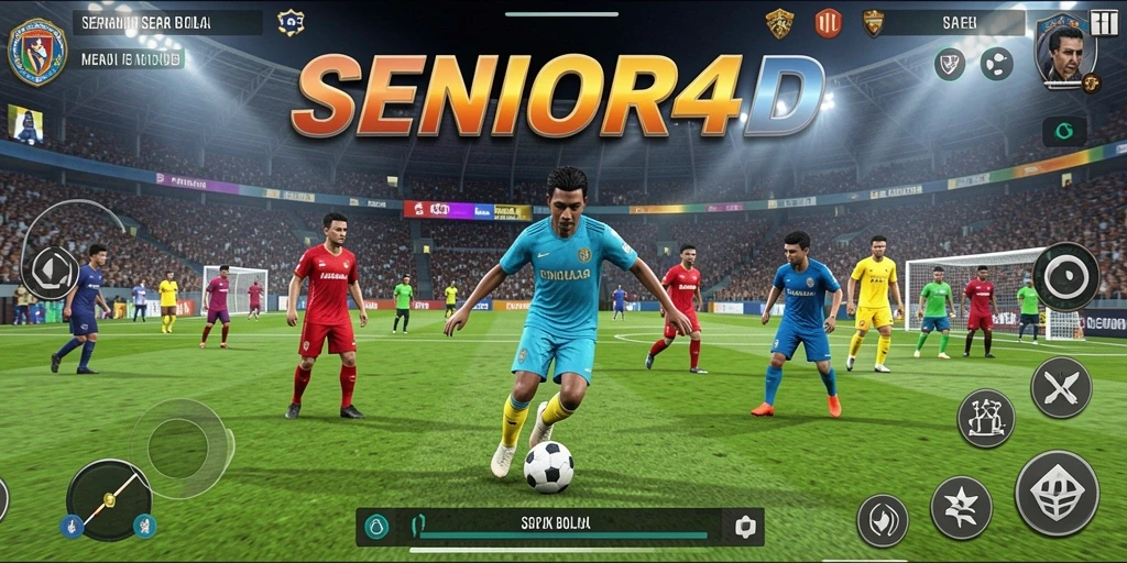 Screenshot SENIOR4D menampilkan aksi seru dalam permainan sepak bola.